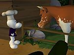 One of the characters—presumably Bone—talks to a brown and white cow stood behind a wooden fence.