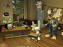 Gameplay: Sam and Max sat in their office, Sam pointing at Max, who is sat at a school desk.