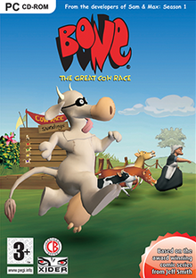 A series of cows, a milkmaid, and the characters in a cow suit set off on a race, with title above.