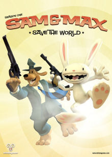 Box art: Sam & Max looking happy, holding pistols, on a yellow background. Title above.