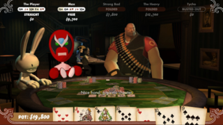 Gameplay: First person POV. Player looks out at characters, sat around poker table.