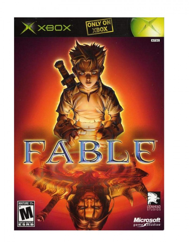 Xbox cover art: A young boy stares down at a reflection of his future self, split by the FABLE logo.