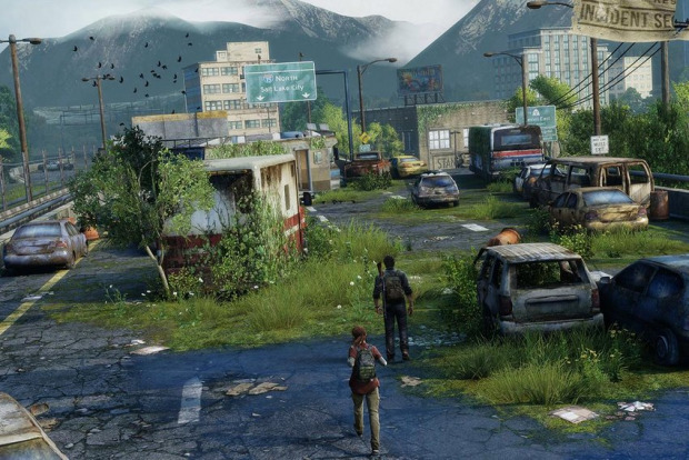 Gameplay footage: The player (as Joel) leads Ellie through an abandoned, overgrown car park.
