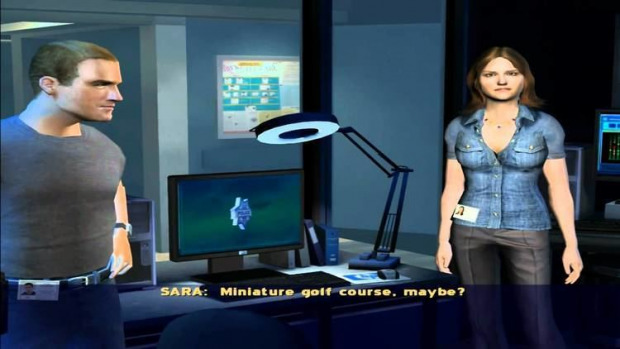 Gameplay: Player in discussion about a miniature golf course with two characters in the CSI labs.