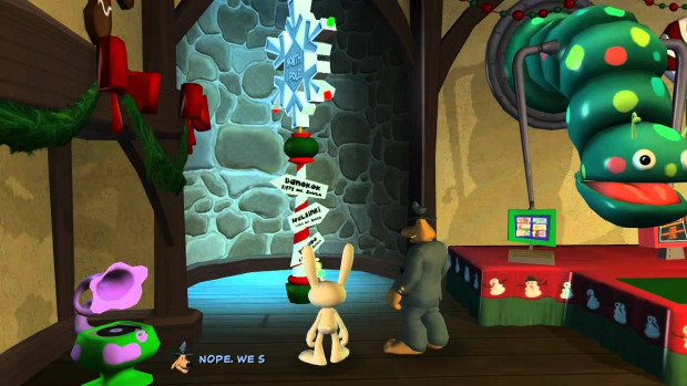 Sam and Max stood in Santa's Workshop, looking at a directional sign styled like a snowflake.