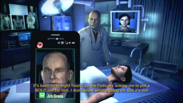 Gameplay: Player taking phone call from Jim Brass while stood in the morgue with an examiner.