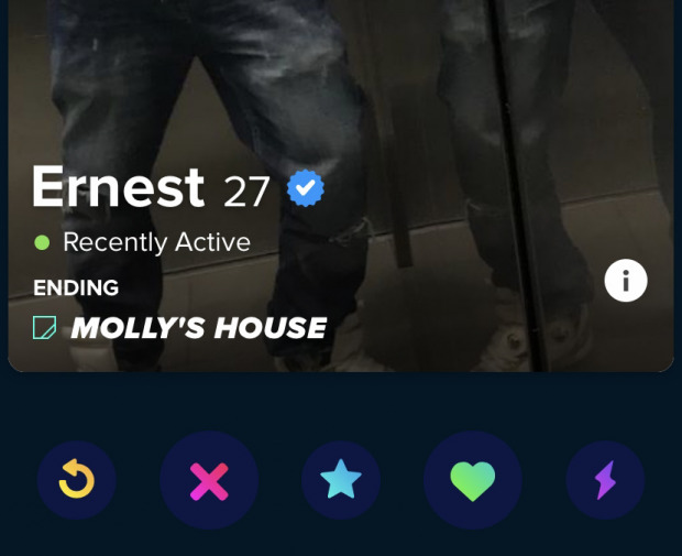 A tinder profile with Swipe Night results. The result reads: "Ending: Molly's House"