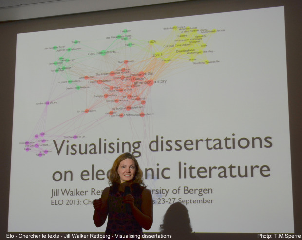 Jill Walker Rettberg presenting A Network Analysis of Dissertations About Electronic Literature at ELO Chercher le texte 2013