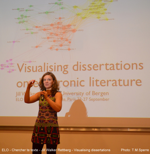Jill Walker Rettberg presenting A Network Analysis of Dissertations About Electronic Literature at ELO Chercher le texte 2013