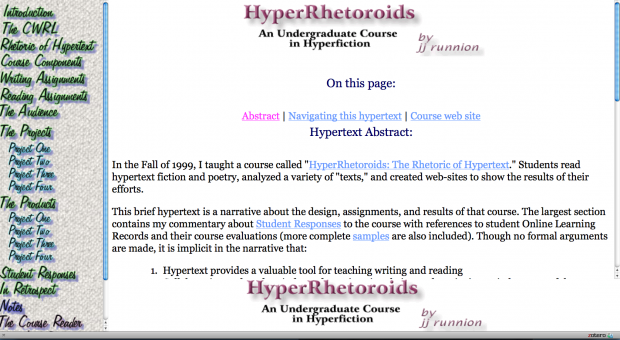 screenshot of index page for HyperRhetoriods webtext