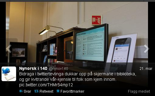 Screenshot from Nynorsk i 140 at Twitter showing screens with poems in the library