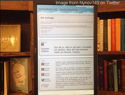 Screenshot from Nynorsk i 140 at Twitter showing screens with poems in the library shelf