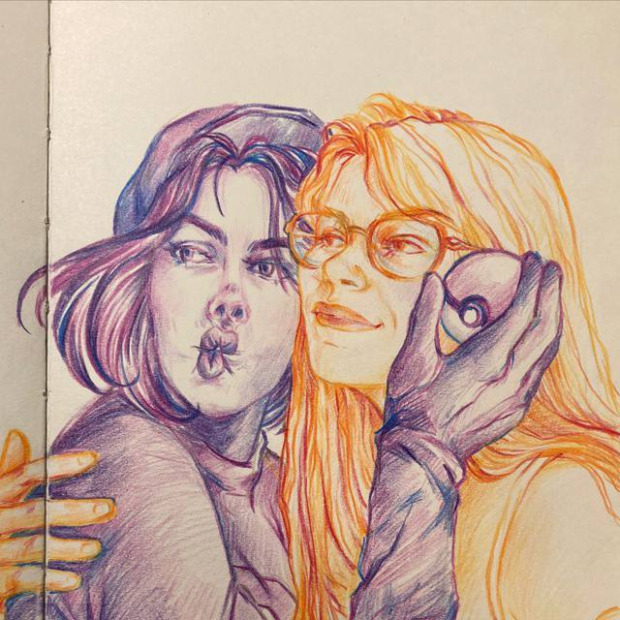 two girls drawn by hand, one is in orange color palette and another is in violet
