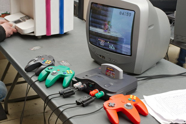 NIntendo 64 consoll with game displayed