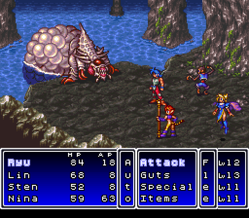 Gameplay screenshot: The player's party of four in battle with an enemy. Combat menus display below.
