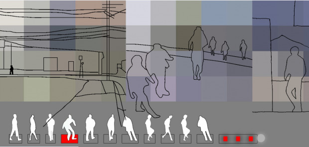 Conceptual line art of people walking and streets, overlaid on a patchwork of dull colour tiles.