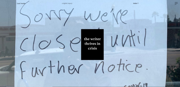 A black box reading 'the writer thrives in crisis' overlaid on a handwritten shop closure sign.