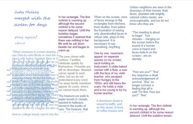 Four textual arrays, in purple, blue, and beige, split evenly across a white screen.