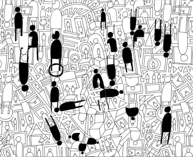 White page with black, abstract lineart of people in houses, with solid black abstract people above.
