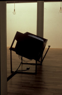 Screen in space. "Alchemy",  Interactive digital video installation, Simon Biggs (1990) 