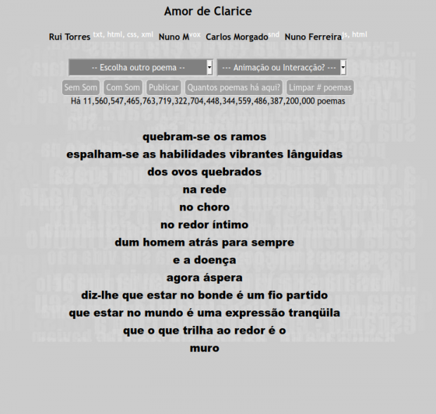 Poem in centred text on a grey screen, with options menu above and author's name above that.