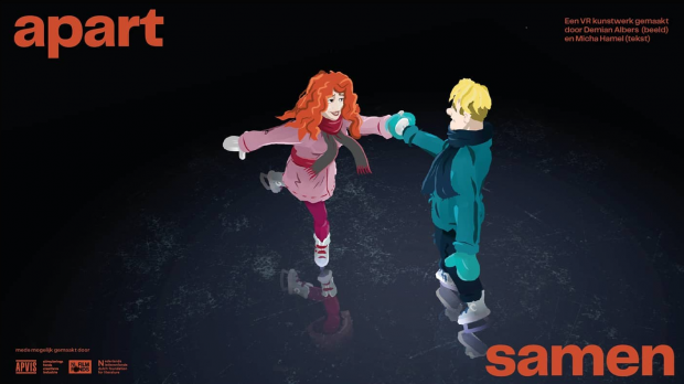 Image of a man and a woman ice skating together, with the title of the work overlaid in orange.