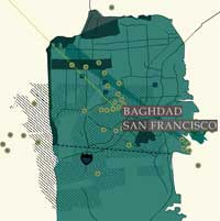 Transposed map of Iraq and San Francisco, showing bombed areas across the American landscape.