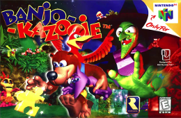 Promotional art showing Banjo and Kazooie retrieving a puzzle piece while chased by witch Gruntilda.