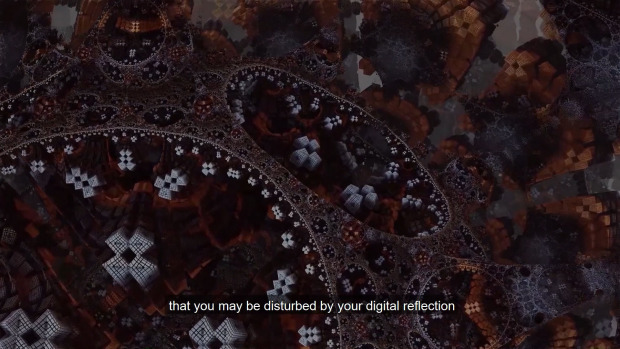 Visual from the poem and the line "that you may be disturbed by your digital reflection" as subtitle