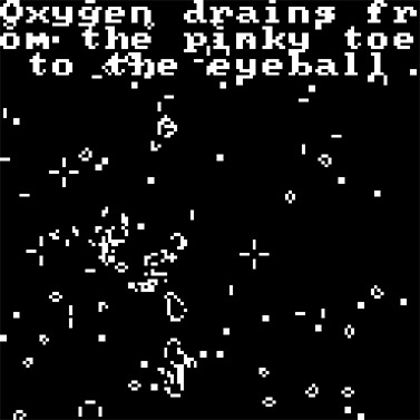 Screenshot of the work, white text is generated at the top of a black pixellated game screen.