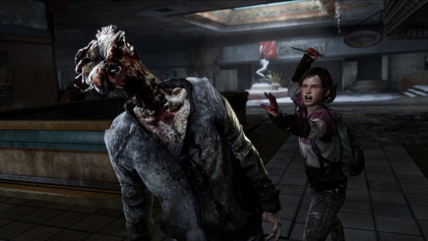Promotional image: Ellie screaming as she attacks a zombie with a blade in an underground area.