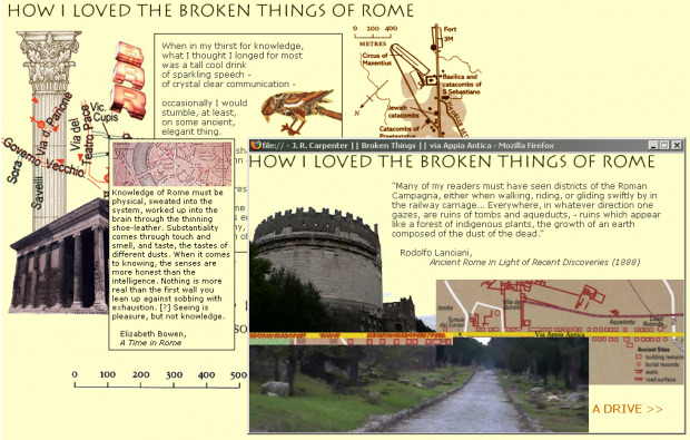 A new window opened by the navigational menu, with a quote related to Rome and another image collage