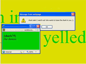 Screenshot of the work: Two pop-ups about sharks appear over a bright yellow screen with green text.