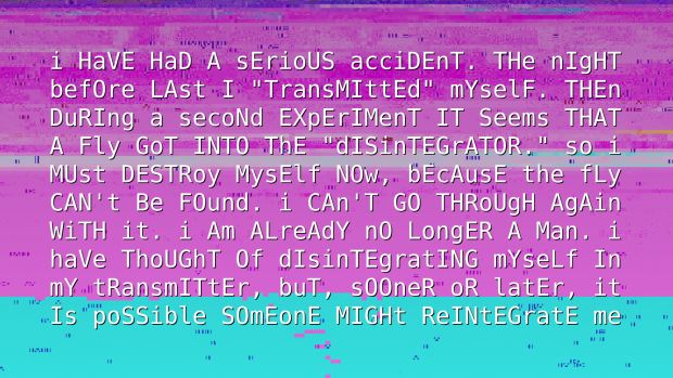 A screen with glitched English text (random uppercase/lowercase) over a glitched image.
