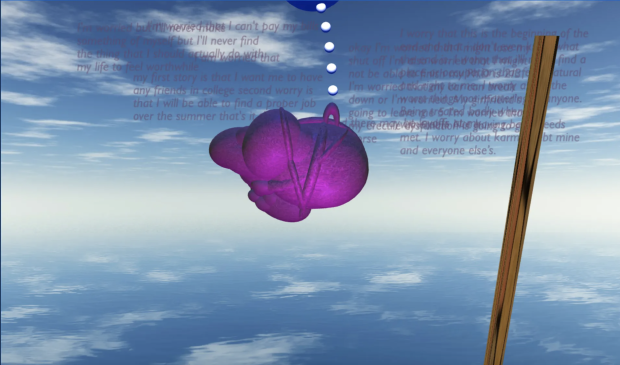 Screenshot of the work: Worries gather in purple text at the top of a screen rendered like the sky.