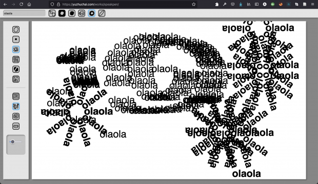 Speak, Pen screenshot, displaying its UI and a black and white work made from using 'oláolá'