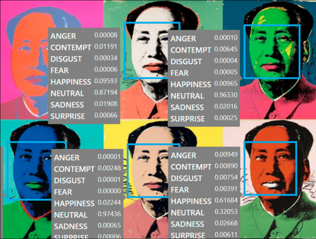 Image from the work: Emotions detected by the Emotions API on various versions of Andy Warhol's Mao.