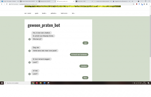 Dutch webpage, displaying an image of a conversation between a user and a bot.
