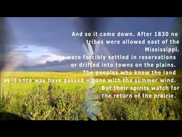 Photographic image of a prairie, beneath grey sky, with white narrative text overlaid.