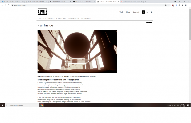 A white background webpage with a picture of the exhibition, showing a sphere hovering in a room.