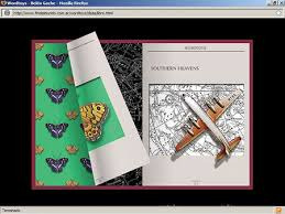 The Wordtoys virtual book being turned between a page covered in butterflies and an airplane spread.