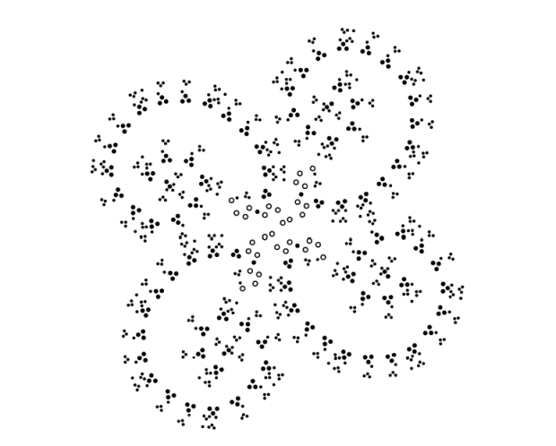 A formation of four swirls, made from the Braille writing system