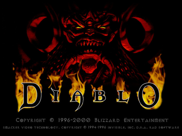 Title screen: Al'Diabolos, the Lord of Terror's face, lit from below, above Diablo title in flames.