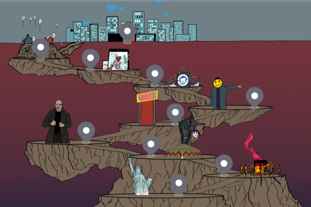 An image of digital commedia's main menu, with animated graphic depictions of people and locations.