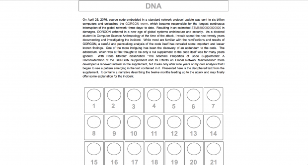 First page of DNA: A Digital Novel (screenshot)