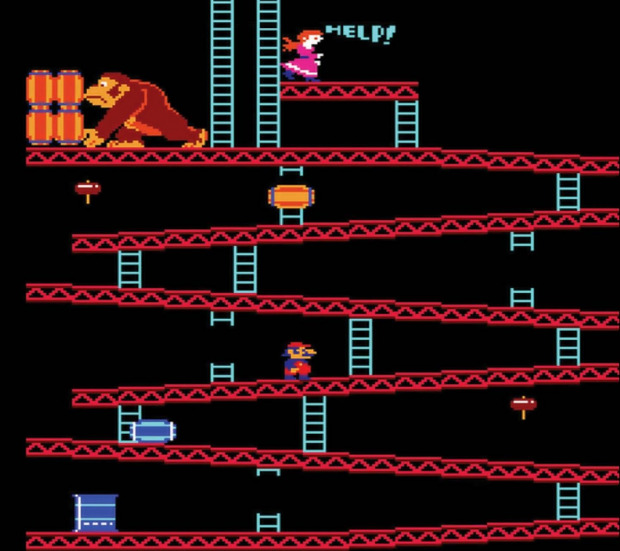 Gameplay: Mario (player) scales a metal structure to reach Pauline, top. Kong throws barrels.