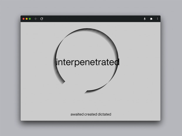 Browser window on white screen, black text overlaid on large circular animation: interpenetrated