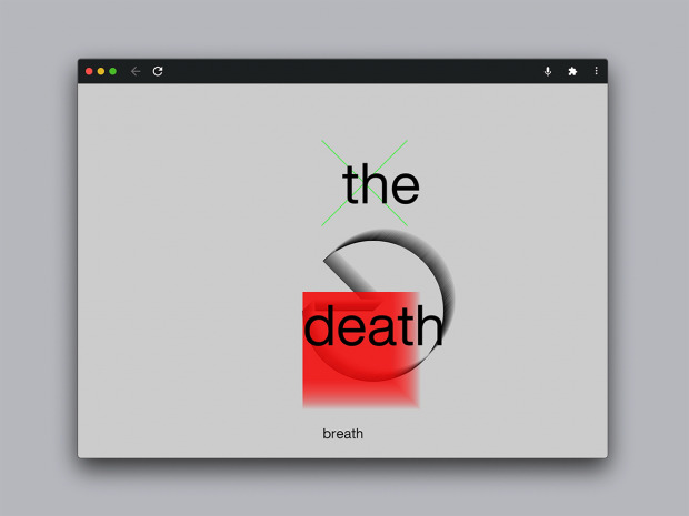 Browser window on white screen, black text overlaid on red and circular animations: the death breath