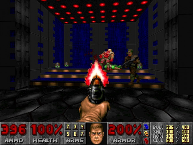 Gameplay: First person POV, player's hand fires a gun at enemies, with game menus bottom of screen.