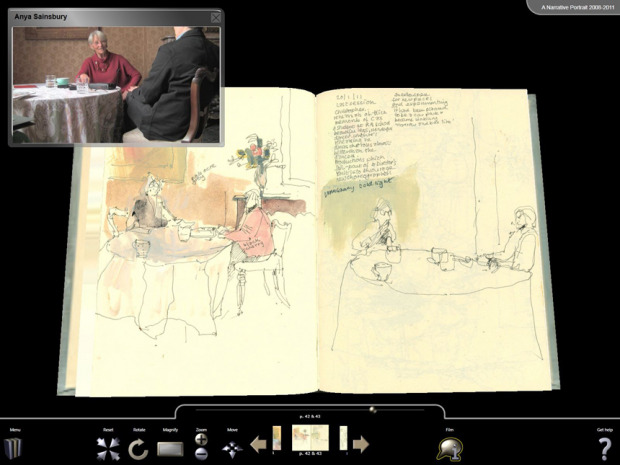 An interface allowing interaction with a 3D rendered book model, interview overlaid in window above.